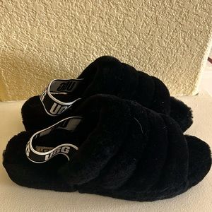 UGG Black Fuzz Yeah Slide Slippers with Logo Slingback